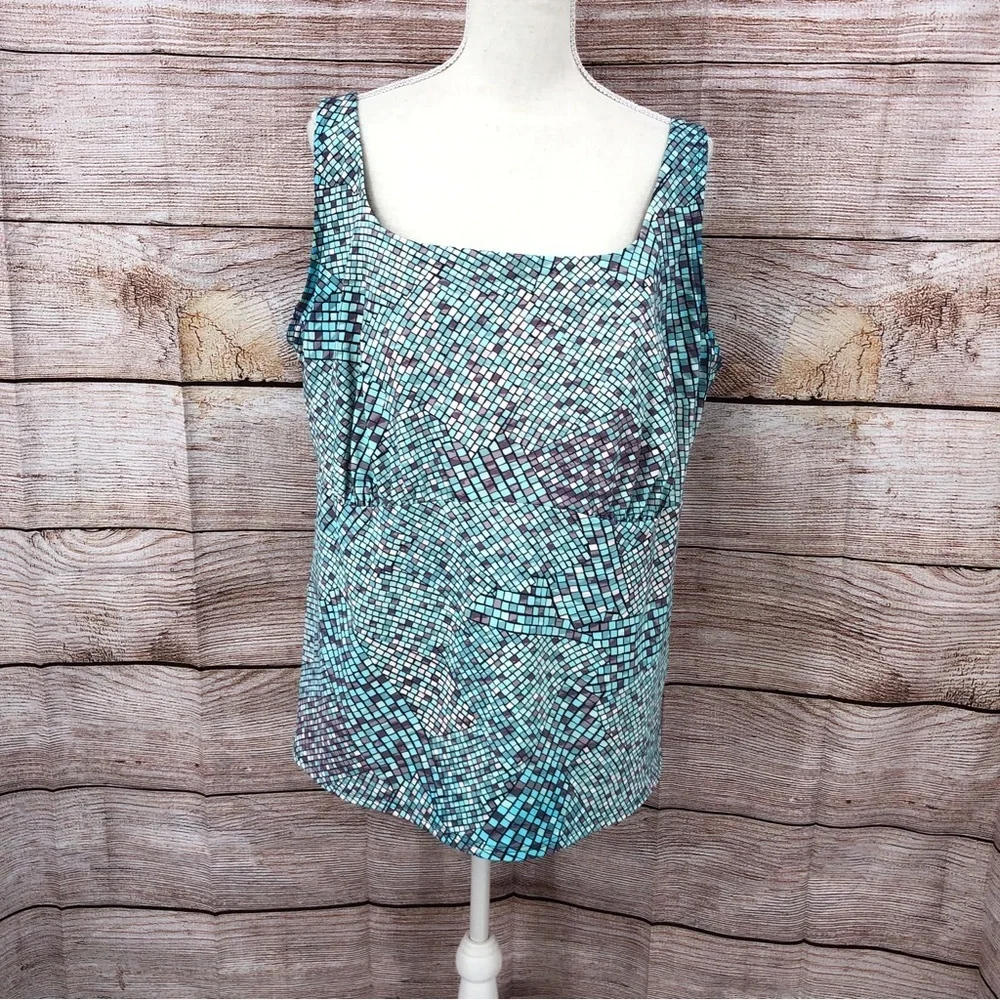 Lands' End Blue Mosaic Square-Neck Underwire Tankini Swimsuit Top Size 24W